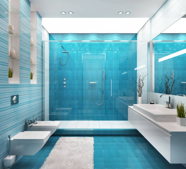 Big blue bathroom design with shower stock photo
