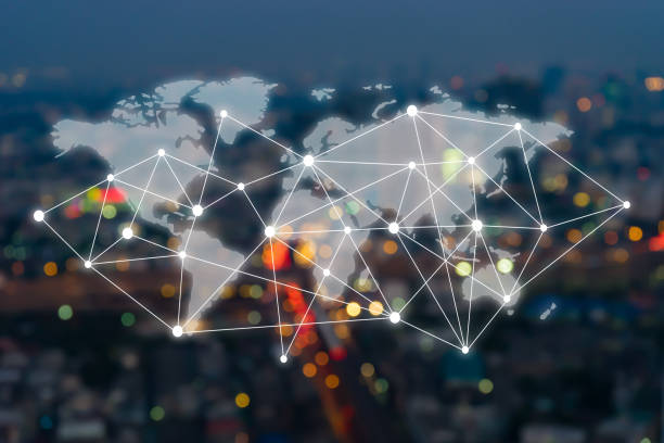 Big data connections. IOT - internet of things. Future technology digital concept on blurred abstract background of world map night city scape Big data connections. IOT - internet of things. Future technology digital concept on blurred abstract background of world map night city scape cool blue world stock pictures, royalty-free photos & images