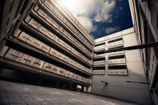 Big Exposed Concrete Courtyard Of An Empty Parking Garage Stock Photo