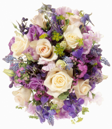 large flower arrangement or bridal bouquet with Roses and Lilacs cut out on white background
