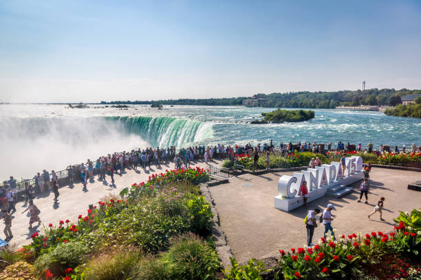 Big group of tourists looking to the Niagara Falls Niagara, Canada - Sep 21th 2017 - Big group of tourists looking to the Niagara Falls with the "Canada 150 years" sign in a blue sky day in Niagara niagara falls stock pictures, royalty-free photos & images