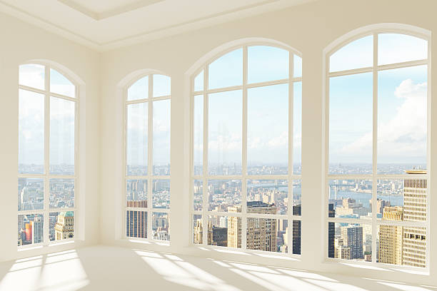 big light modern room with city view - fönsterrad bildbanksfoton och bilder