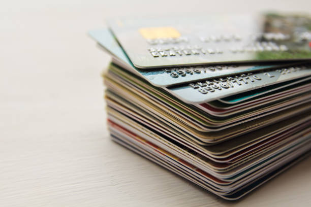 Big stack of various credit cards, close-up view with copy space. stock photo