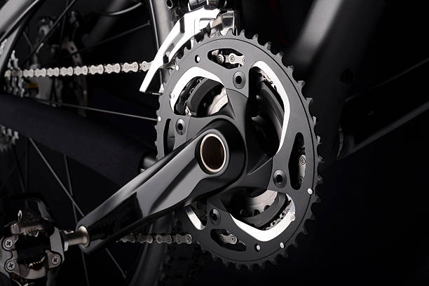 Bike chainset with chain on black background stock photo