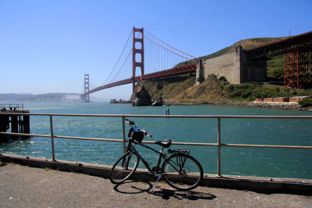 Bike parked bisides Golden gate bridge, San Francisco, California, USA stock photo