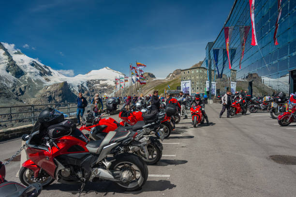 Bikers at the Kaise Franz Josef's Höhe the upper end of Grossglockner High Alpine Road, Austria stock photo