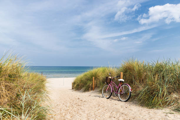 fietsen op het strand - fietsen strand stockfoto's en -beelden