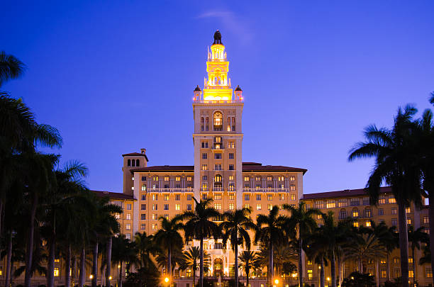 Biltmore Hotel in Coral Gables, FL at night stock photo