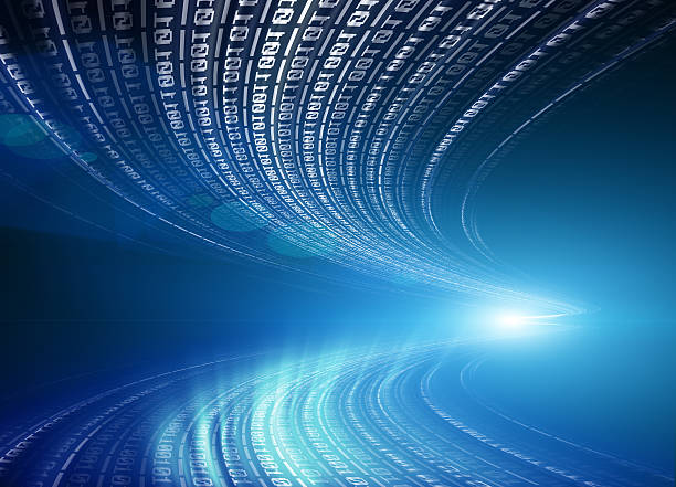 Binary code flowing through space stock photo