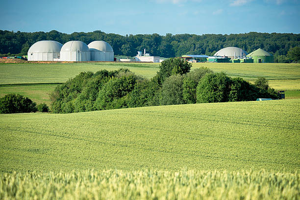 Bioenergie, Biomass energy plant in a rural landscape stock photo