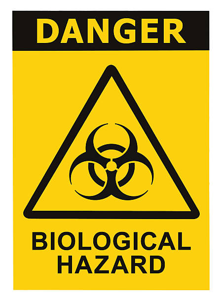 Biohazard symbol sign biological threat alert black yellow triangle signage stock photo