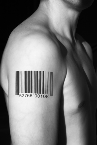 Human male body side view with barcode tattoo.