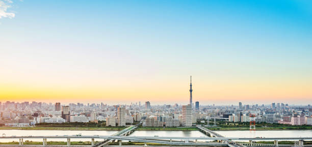 bird eye aerial view with tokyo skytree under dramatic sunset glow and beautiful cloudy sky in Tokyo, Japan Business and culture concept - panoramic modern city skyline bird eye aerial view with tokyo skytree under dramatic sunset glow and beautiful cloudy sky in Tokyo, Japan tokyo sky tree stock pictures, royalty-free photos & images