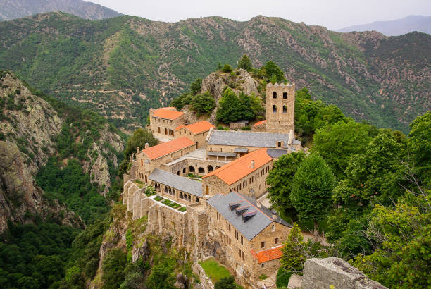 Bird's-eye view of the Abbaye Saint Martin de Canigou in the French Pyrenees Bird's-eye view of the Abbaye Saint Martin de Canigou in the French Pyrenees. High quality photo romanesque stock pictures, royalty-free photos & images