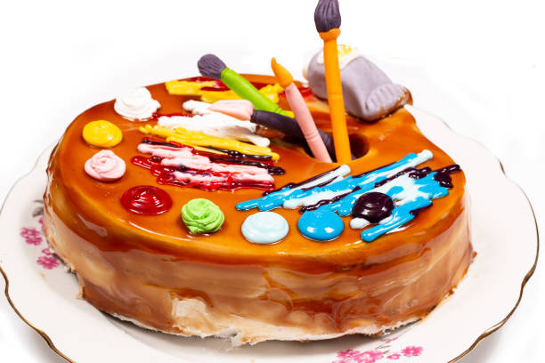 Birthday cake in the form of a paint palette with brushes  happy birthday in danish stock pictures, royalty-free photos & images