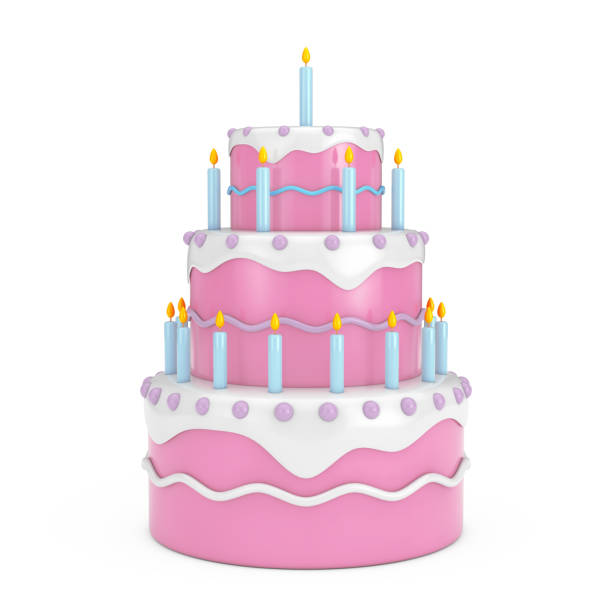 Birthday Cartoon Dessert Tiered Cake with Candles. 3d Rendering stock photo