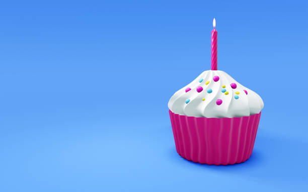 Birthday cupcake with a single candle. 3d render Birthday cupcake with a single candle. 3d render turkey cupcake cake stock pictures, royalty-free photos & images