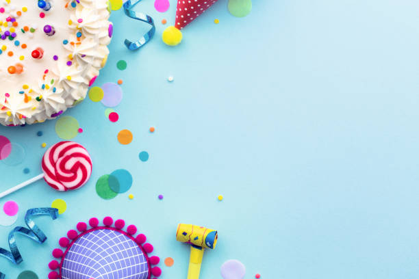 Birthday party background Colorful birthday party background with birthday cake and party hats cake photos stock pictures, royalty-free photos & images