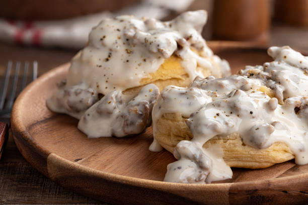 Biscuits and Creamy Sausage Gravy stock photo