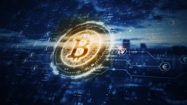 Bitcoin blockchain cryptocurrency digital encryption, Digital money exchange, Technology global network connections background concept. 3D Rendering stock photo