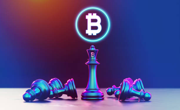 bitcoin chess concept, bitcoin cryptocurrency concept, bitcoin strategy with king chess - bitcoin foto e immagini stock