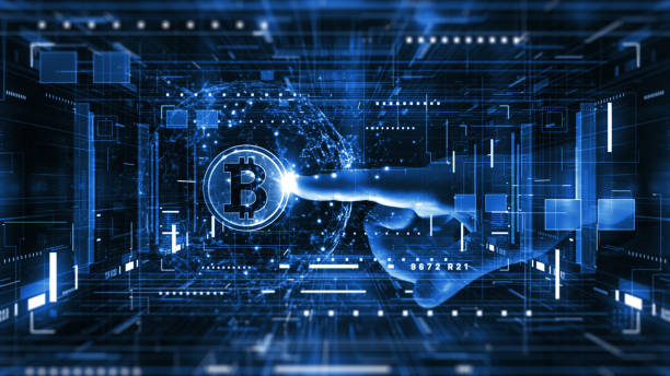 Bitcoin cryptocurrency digital encryption, Digital money exchange, Blockchain technology connections. stock photo