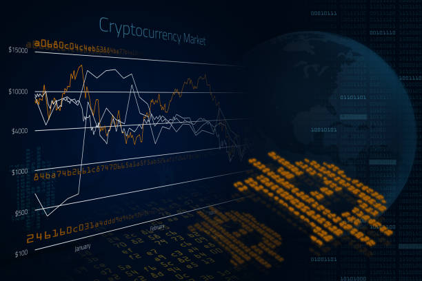 Bitcoin cryptocurrency market high-tech computer background stock photo