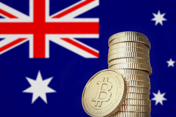Bitcoin stack with Australia flag in the background 