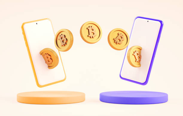 Bitcoin transfer between mobile phones, P2P sending and receiving BTC coins. Smartphone online exchange payment app, cryptocurrencies and blockchain concept in 3D illustration stock photo