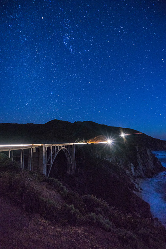 Bixby Creek Bridge at night on highway 1 in Monterey County, California USA.