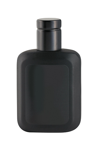 Aftershave bottle with blank label, isolated on white