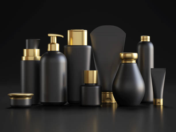 Black and gold Cosmetic series Packaging, Make-Up, Merchandise, Bottle Black, USA cosmetic packaging stock pictures, royalty-free photos & images