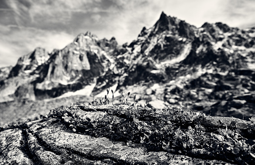 Black and white mountain landscape in the French Alps.