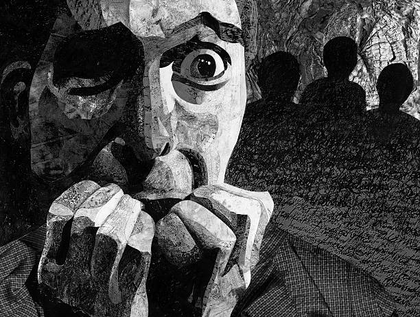 Black and white painting of terrified man with hand in mouth "A high-contrast black and white illustration of a wide-eyed, terrified man holding his hands up to his face and biting his fingernails. Three shadowy figures with obscured faces lurk in the background.This image is a collage created from cut up pieces of printed textures; some halftone patterning is visible at high resolution." conspiracy stock pictures, royalty-free photos & images