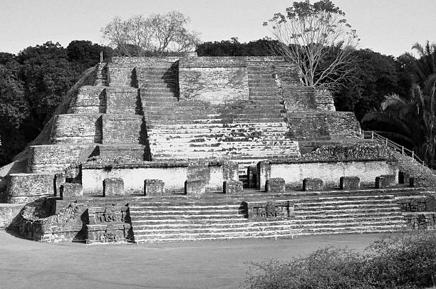 Black and white photo Altun HA Mayan Temple in Belize stock photo