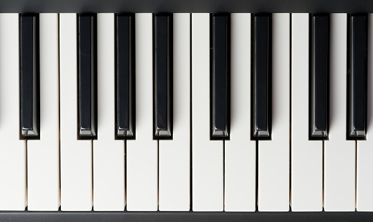 Black and white piano line keys close up above top  view