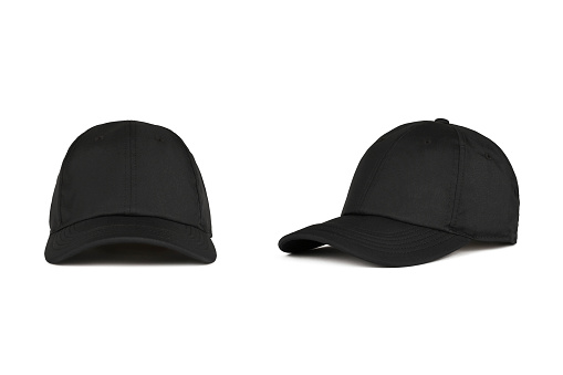 Black baseball cap isolated on white background, front and side views