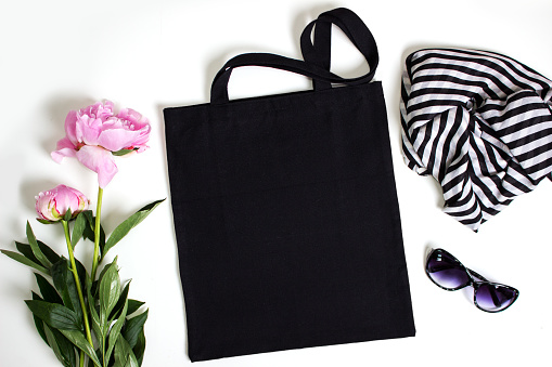 Black Blank Cotton Eco Tote Bag Design Mockup Stock Photo - Download ...