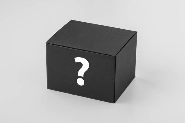 Black box mockup with question mark sign Black box mockup with question mark. Packaging design Brand identity concept mystery stock pictures, royalty-free photos & images
