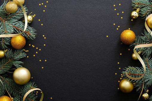 Black Christmas Background With Golden Decorations Baubles Fir Tree ...