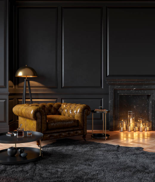 Black classic interior with armchair, moldings, fireplace, candle, floor lamp, carpet and table. 3d render illustration mockup. Black classic interior with armchair, moldings, fireplace, candle, floor lamp, carpet and table. 3d render illustration mockup. carpet decor stock pictures, royalty-free photos & images