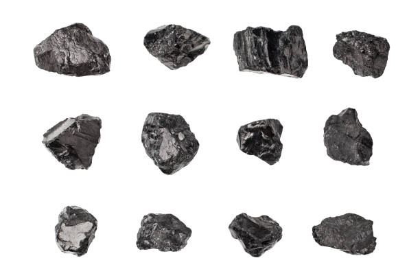 Black coal stones set on white background isolated close up, natural charcoal pieces collection, anthracite rock texture, raw coal mine nuggets, group of embers, graphite samples, mineral fossil fuel stock photo