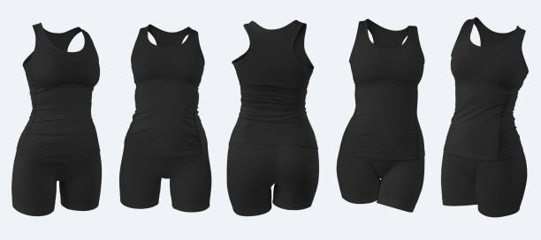 Black compression underwear mockup, female tank top, shorts, no body, 3D rendering, isolated on white background. Set stock photo