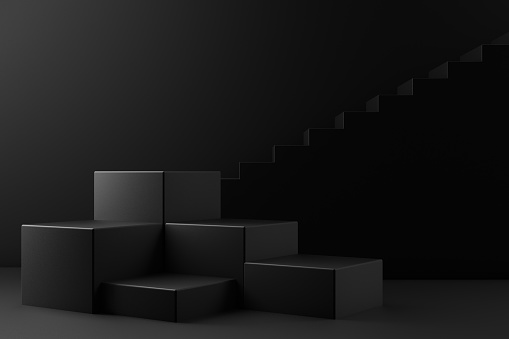 3D Black Empty Product Stand, Platform, Podium with Staircase, Minimal Design