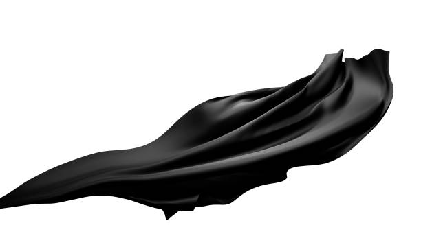 zwarte stof doek flan de wind geïsoleerd op witte achtergrond met uitknippad 3d renderen - black fabric stockfoto's en -beelden