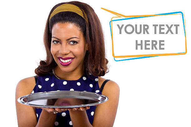 Black female wearing retro outfit holding an empty tray stock photo