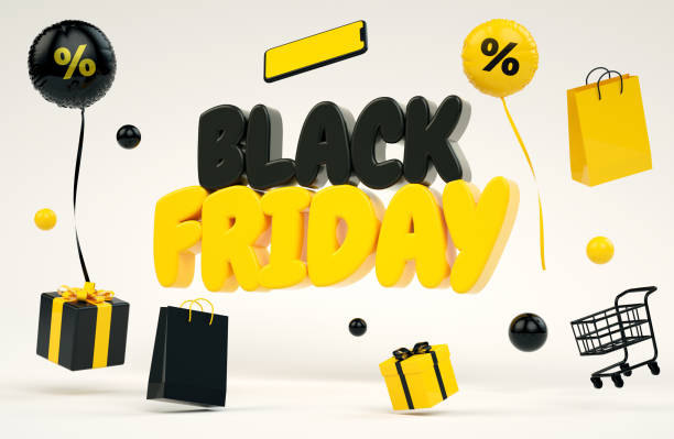 Black Friday background with yellow lettering and floating stuff in 3D rendering. Special offer poster and online shopping concept stock photo
