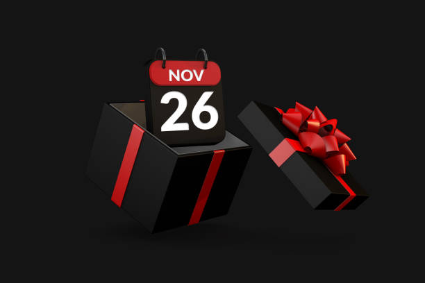 Black friday day a shopping concept with gift box and calendar floating. Number 26 stock photo