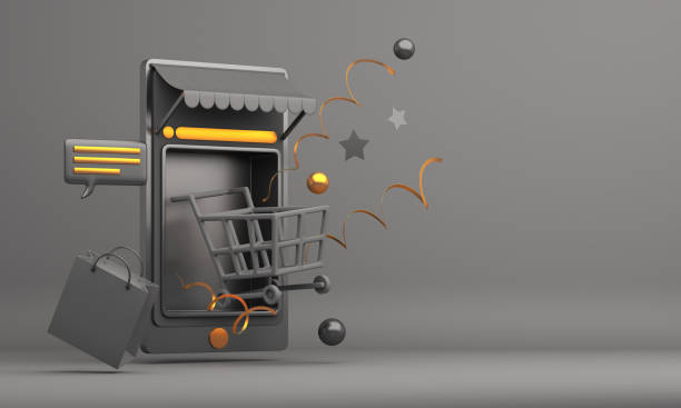 Black friday online shopping concept with mobile phone applications illustration trolley and shopping bag, copy space text, 3D rendering illustration.  black friday shoppers stock pictures, royalty-free photos & images