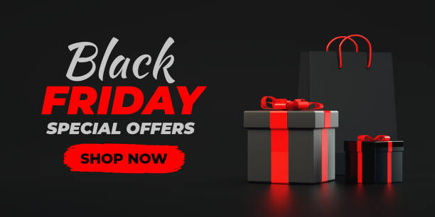 Black Friday sale dark background with gift boxes in realistic 3D rendering stock photo